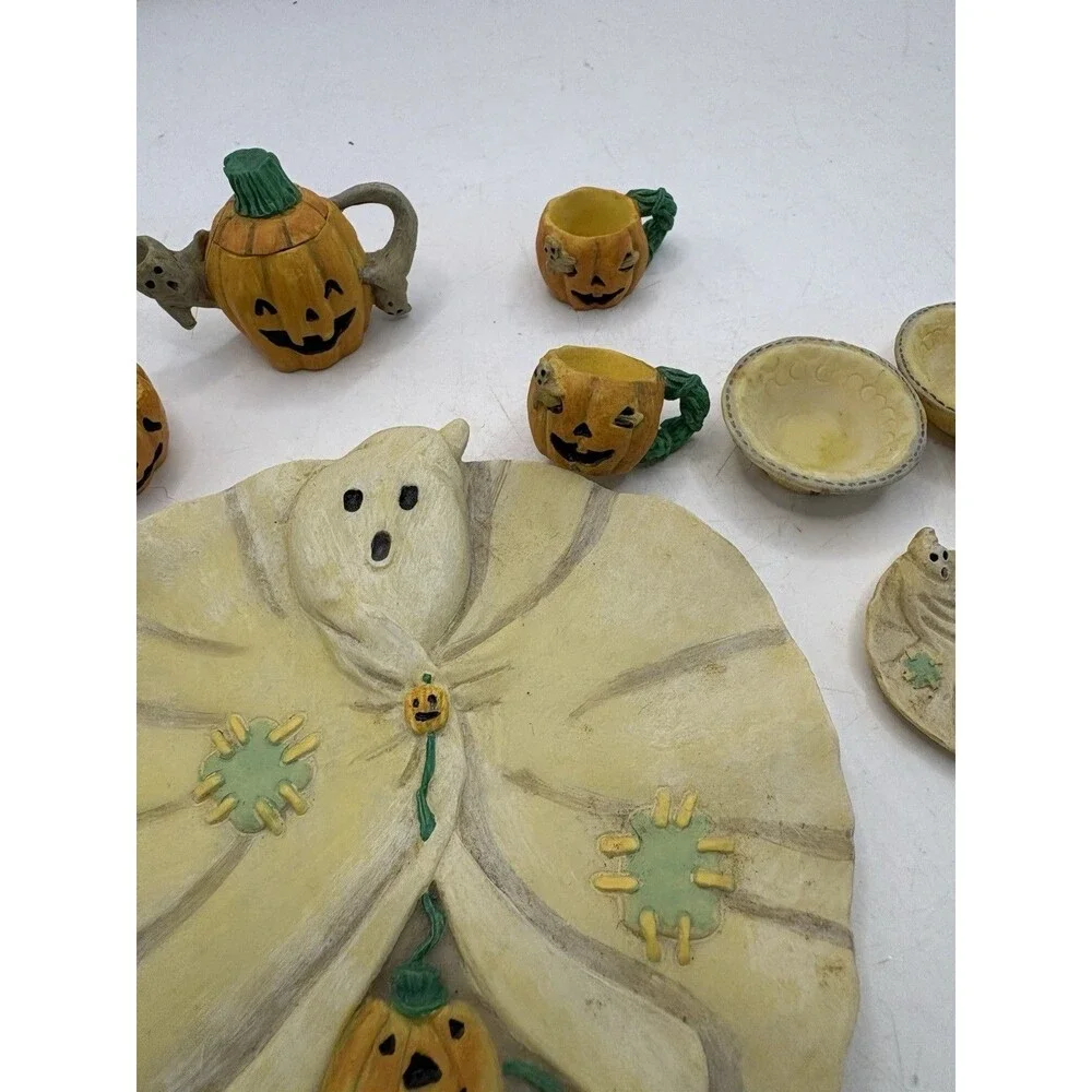 Vintage MINIATURE Decorative Halloween Jack O Lantern JOL & Ghost Tea Set